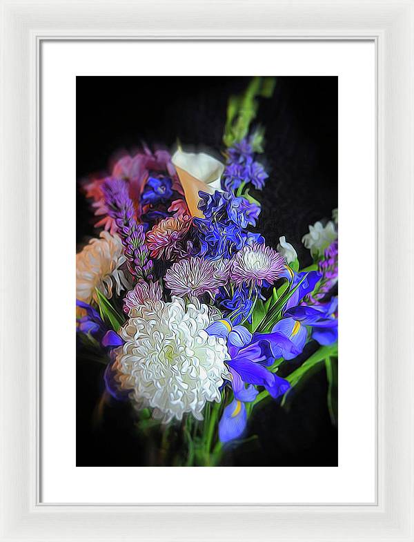 Blue White Purple Mixed Flowers Bouquet - Framed Print