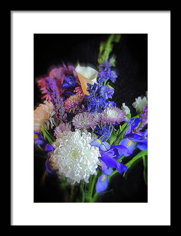 Blue White Purple Mixed Flowers Bouquet - Framed Print