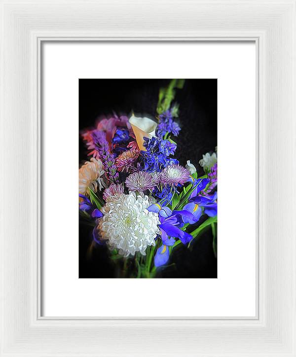 Blue White Purple Mixed Flowers Bouquet - Framed Print