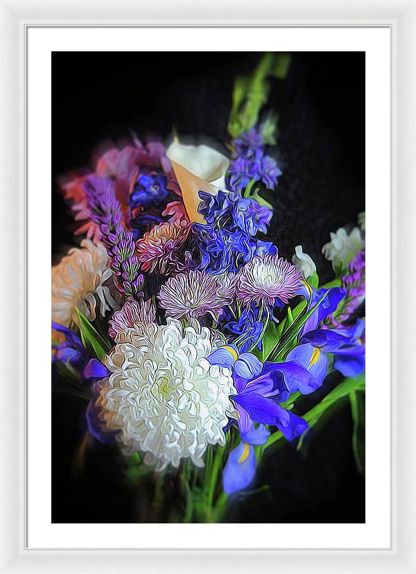 Blue White Purple Mixed Flowers Bouquet - Framed Print