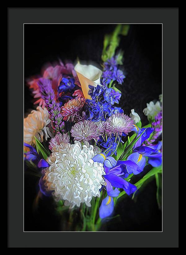 Blue White Purple Mixed Flowers Bouquet - Framed Print