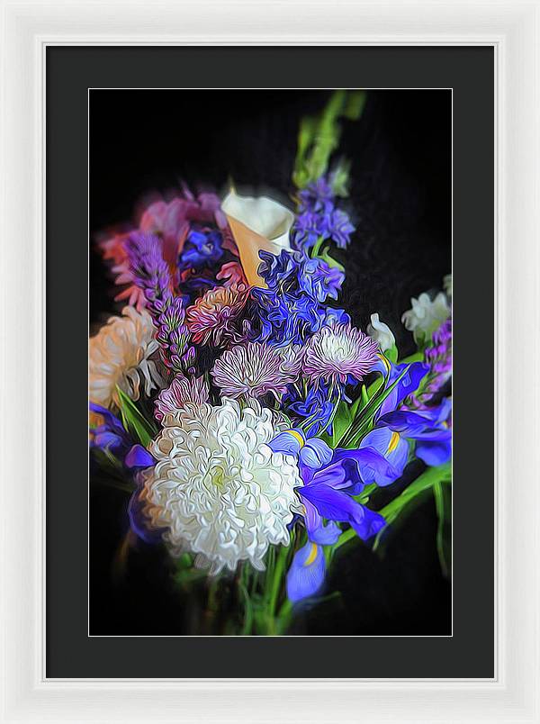 Blue White Purple Mixed Flowers Bouquet - Framed Print