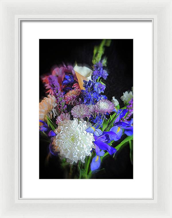 Blue White Purple Mixed Flowers Bouquet - Framed Print