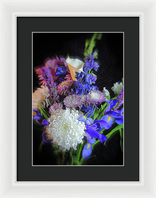 Blue White Purple Mixed Flowers Bouquet - Framed Print