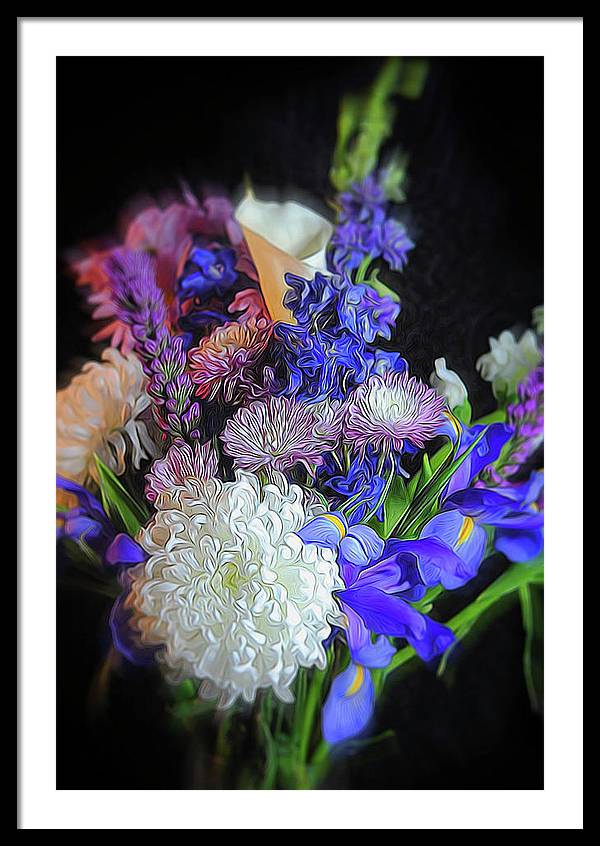 Blue White Purple Mixed Flowers Bouquet - Framed Print
