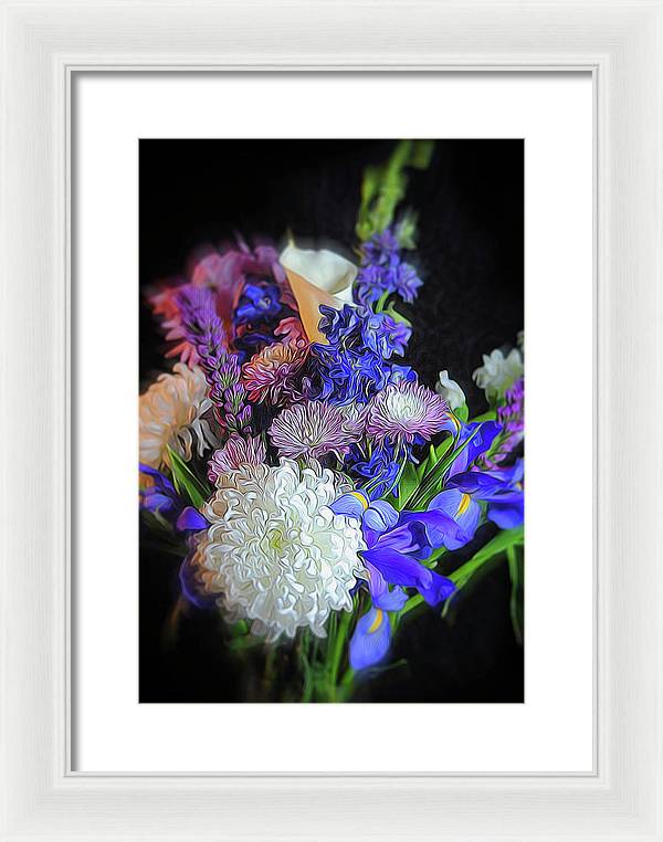 Blue White Purple Mixed Flowers Bouquet - Framed Print
