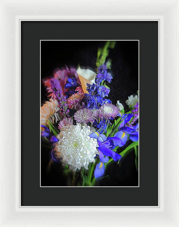 Blue White Purple Mixed Flowers Bouquet - Framed Print