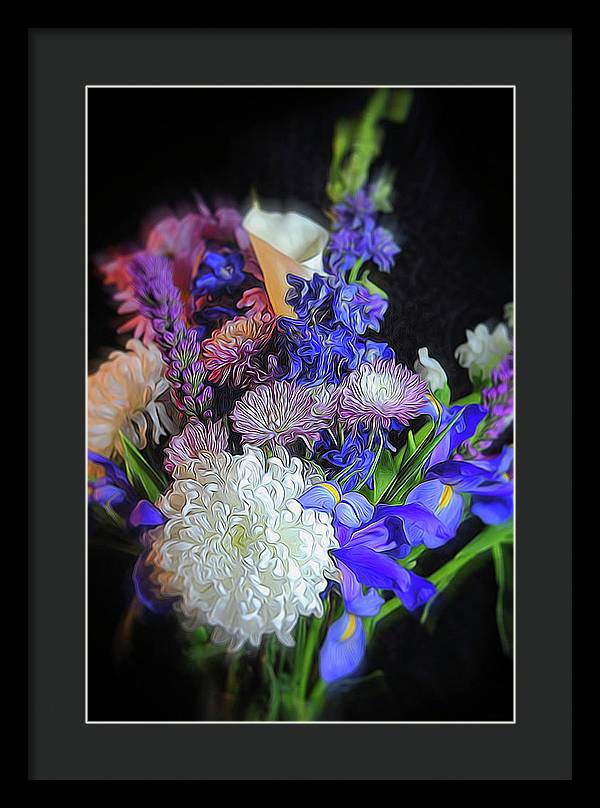 Blue White Purple Mixed Flowers Bouquet - Framed Print