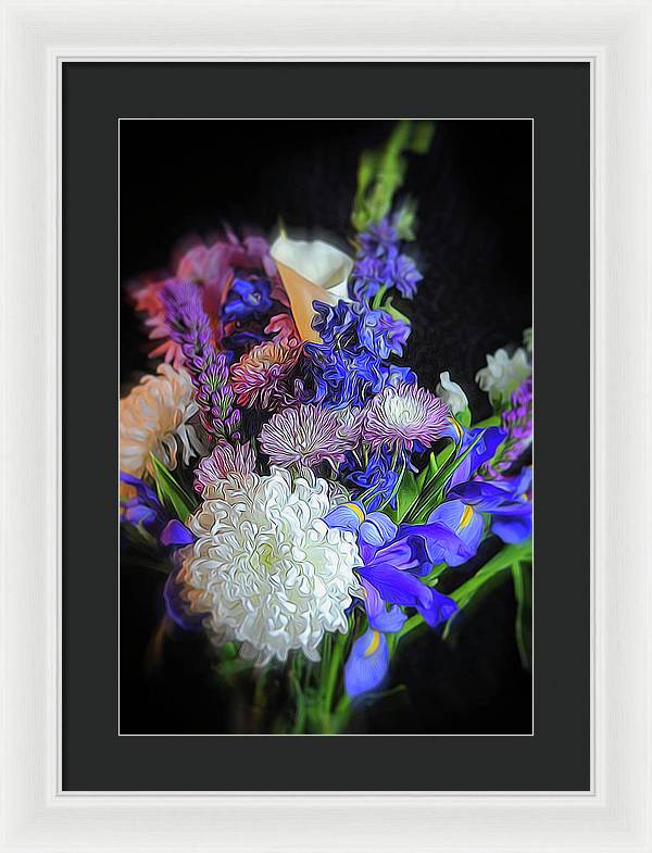 Blue White Purple Mixed Flowers Bouquet - Framed Print