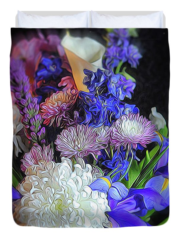 Blue White Purple Mixed Flowers Bouquet - Duvet Cover