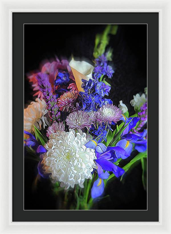 Blue White Purple Mixed Flowers Bouquet - Framed Print