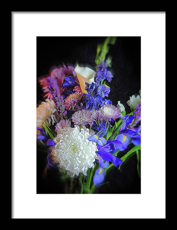 Blue White Purple Mixed Flowers Bouquet - Framed Print