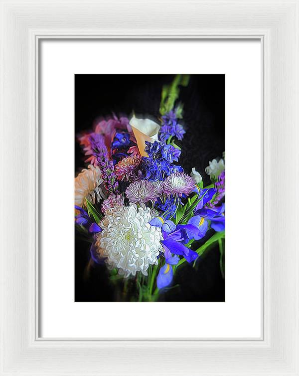 Blue White Purple Mixed Flowers Bouquet - Framed Print
