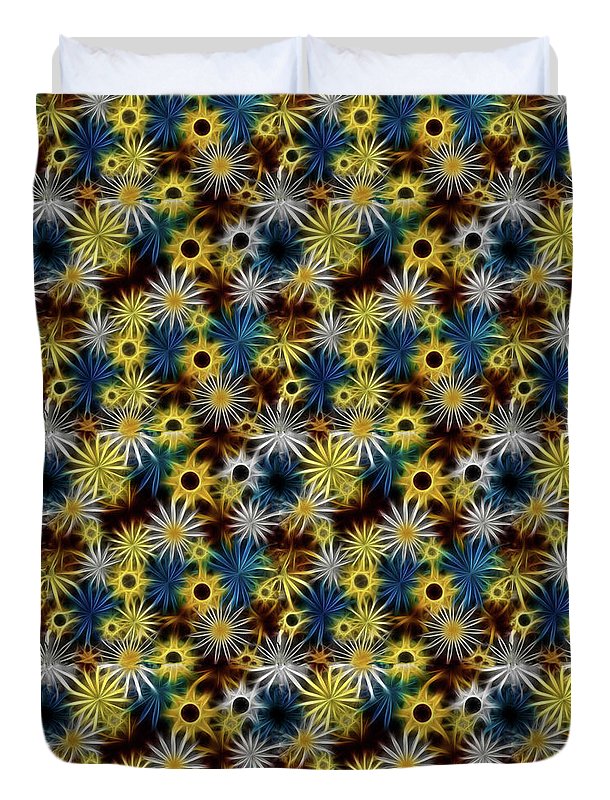 Blue Yellow White Daisies on Brown - Duvet Cover