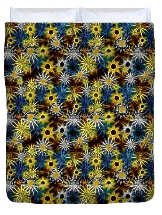 Blue Yellow White Daisies on Brown - Duvet Cover