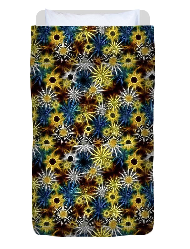 Blue Yellow White Daisies on Brown - Duvet Cover