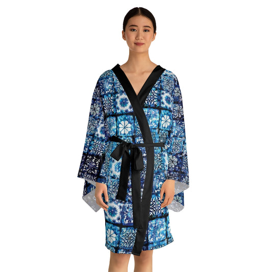 Blue Ice Crystals Motif Long Sleeve Kimono Robe