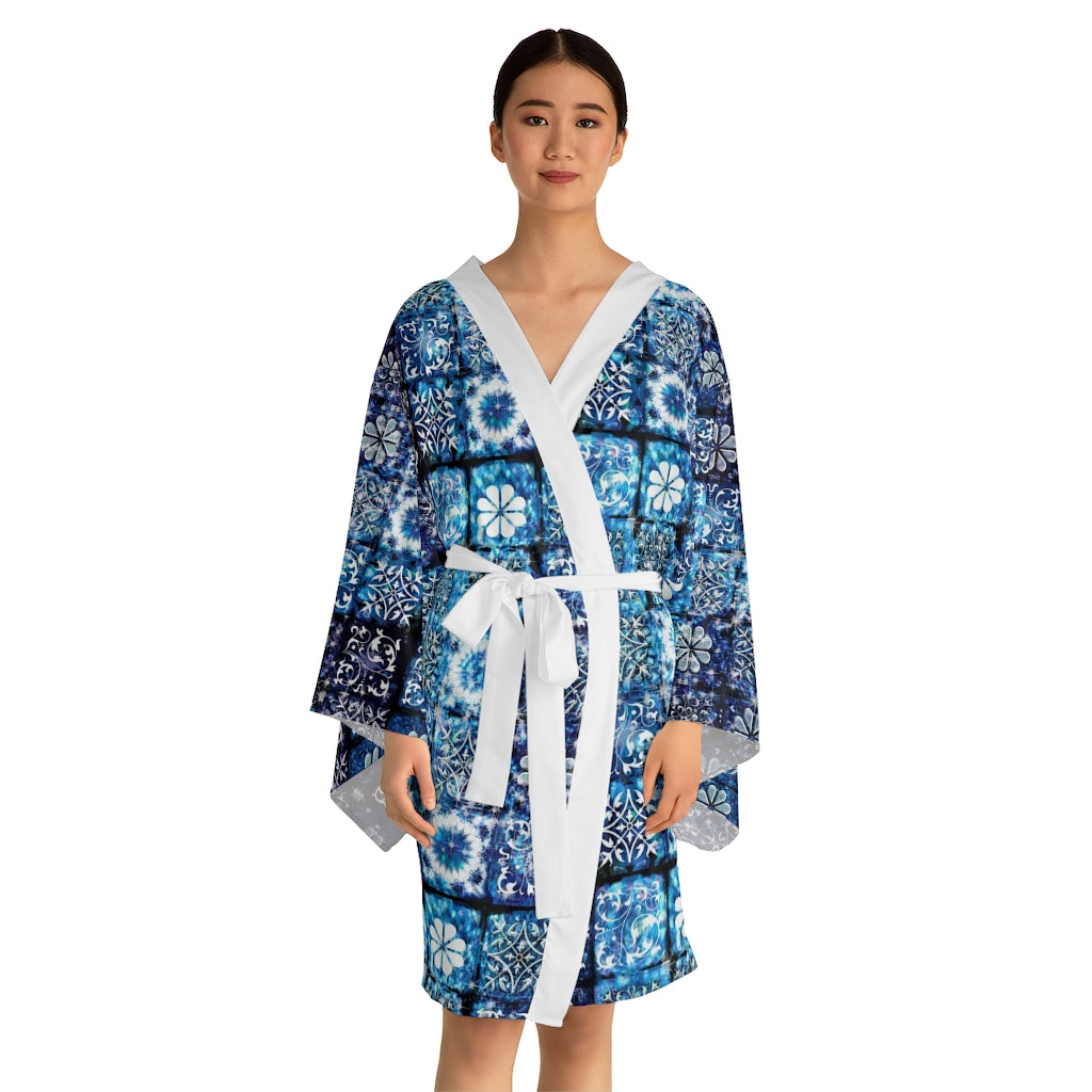 Blue Ice Crystals Motif Long Sleeve Kimono Robe