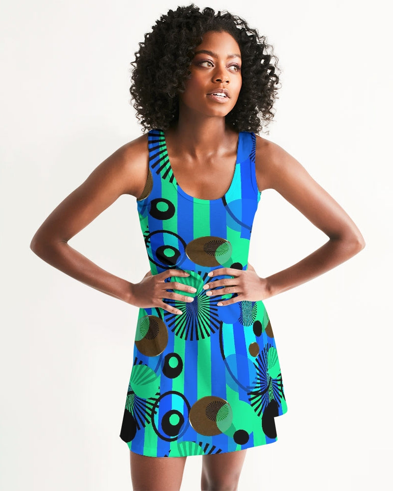 Blue Green Stripes and Dots Women's Racerback Dress