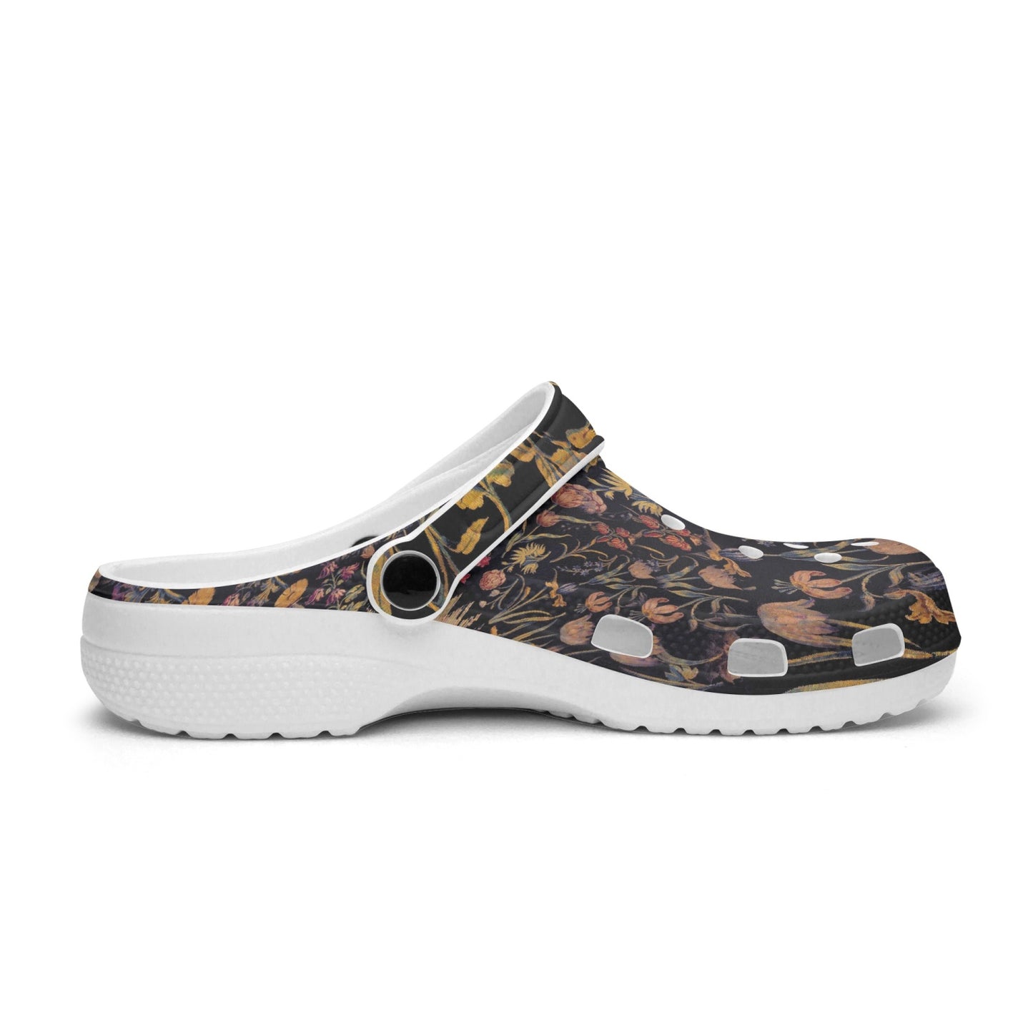 Medieval Flowers On Black 413. All Over Printed Clogs