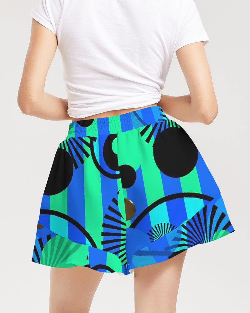 Blue Green Stripes and Dots Women's Ruffle Shorts