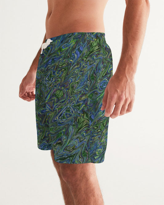 Blue Green Liquid Marbling Men's Swim Trunk