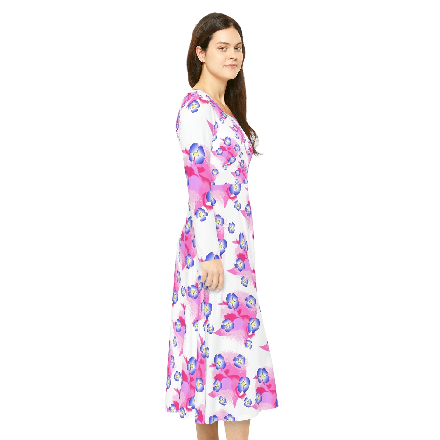 Blue Flowers on Pink Women's Long Sleeve Dance Dress
