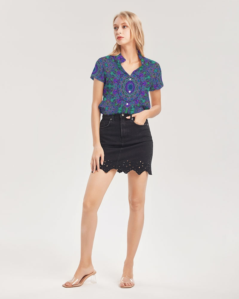 Blue Green Purple Kaleidoscope Women's Short Sleeve Button Up