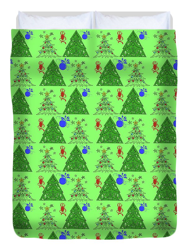 Christmas Trees On Green Pattern - Duvet Cover
