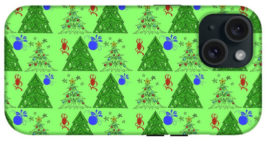 Christmas Trees On Green Pattern - Phone Case