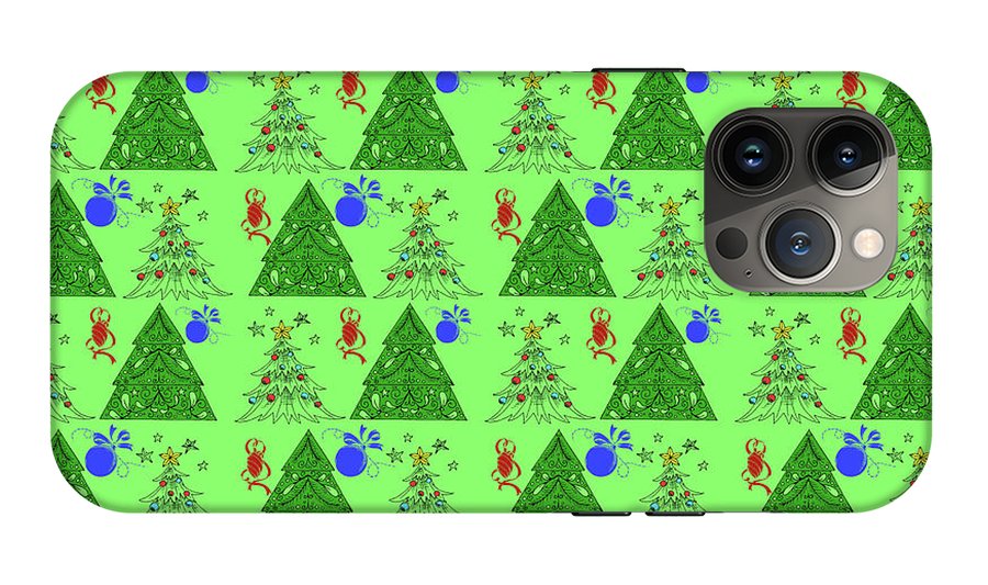 Christmas Trees On Green Pattern - Phone Case