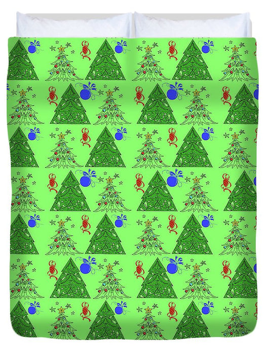 Christmas Trees On Green Pattern - Duvet Cover
