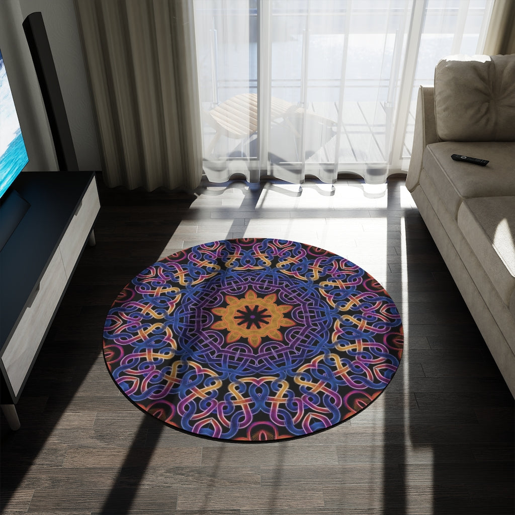 Blue Gold Celtic Kaleidoscope Round Rug