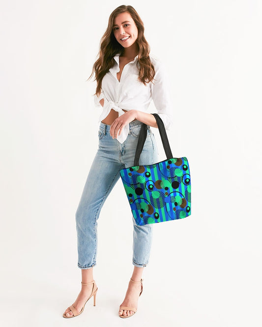 Blue Green Stripes and Dots Canvas Zip Tote