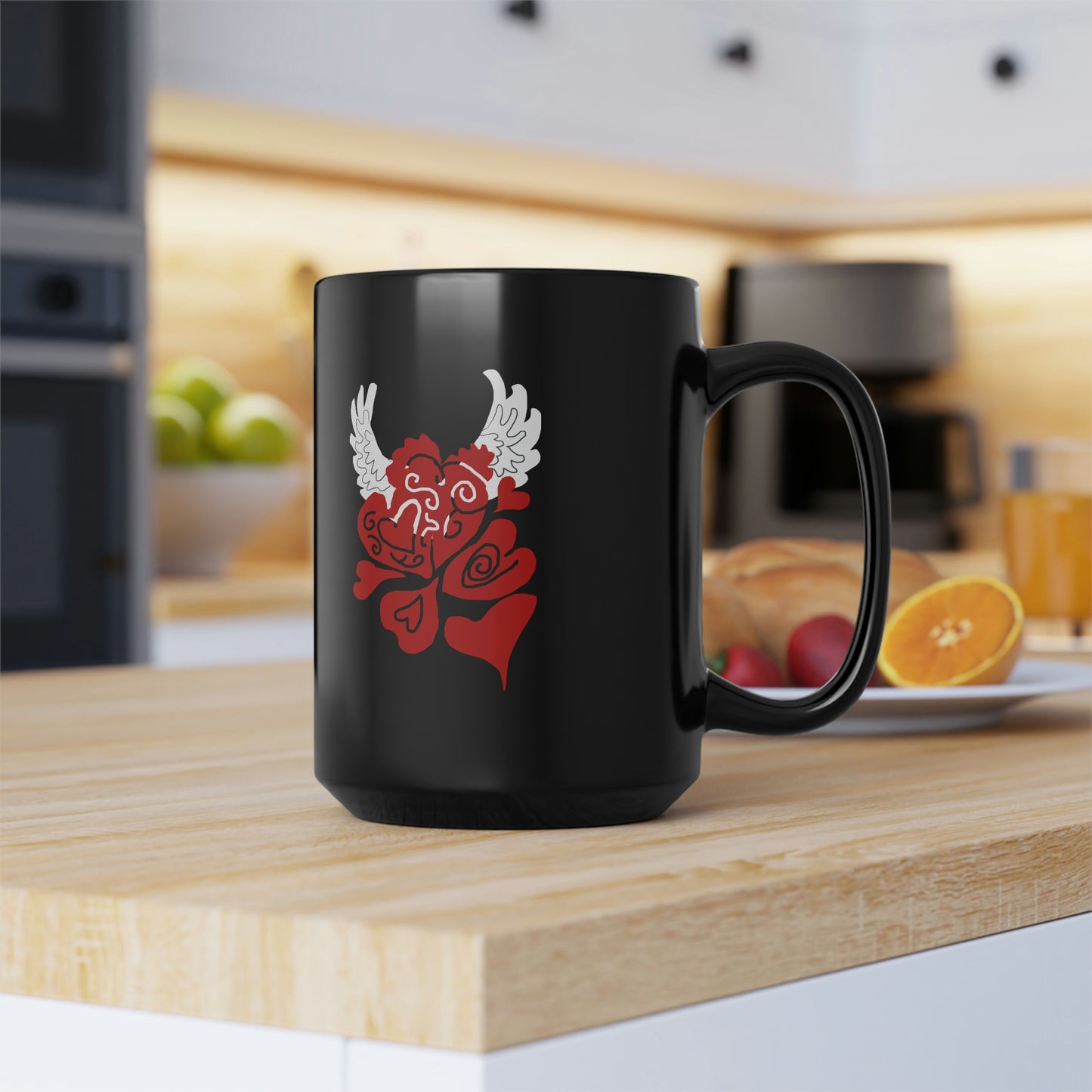 Hearts and Wings Black Mug, 15oz