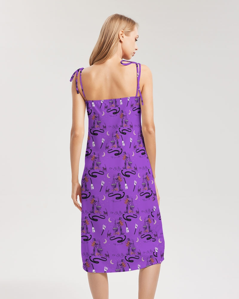 Witch Cat Cauldron Pattern Women's Tie Strap Split Dress
