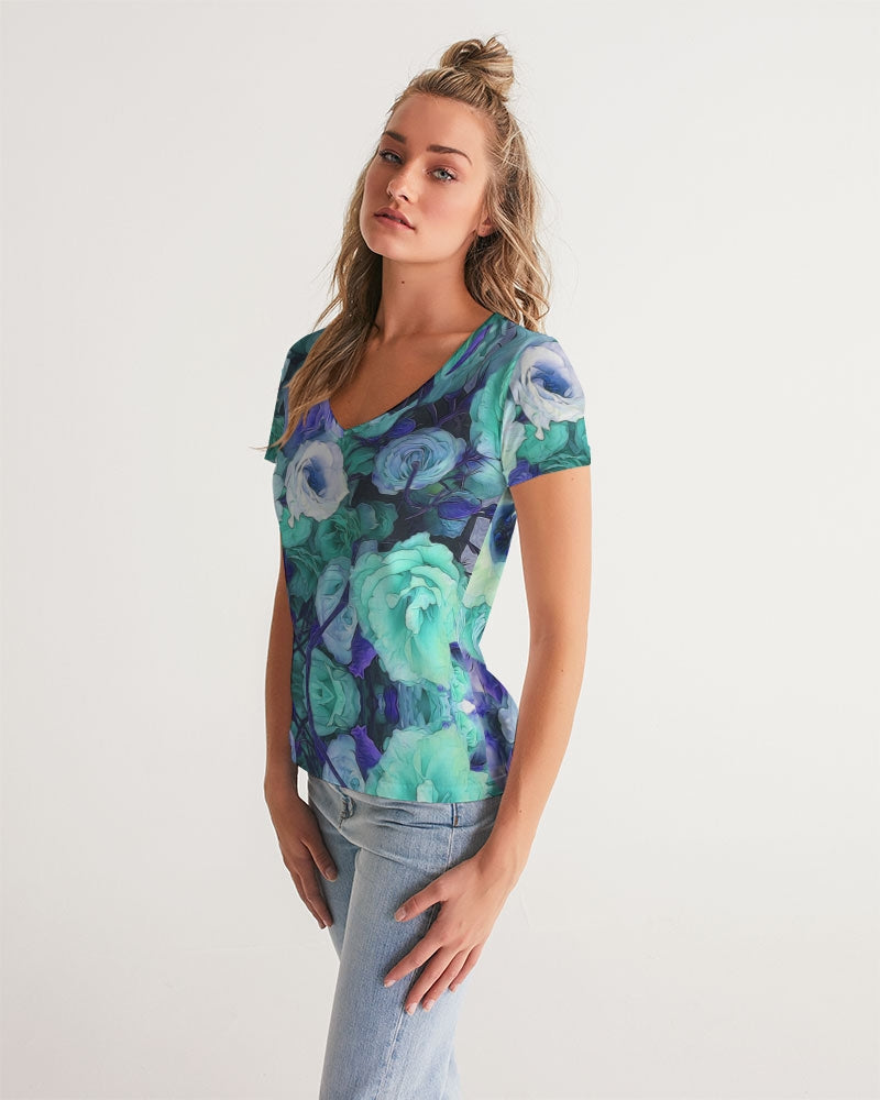 Aqua Flowers Women's V-Neck Tee