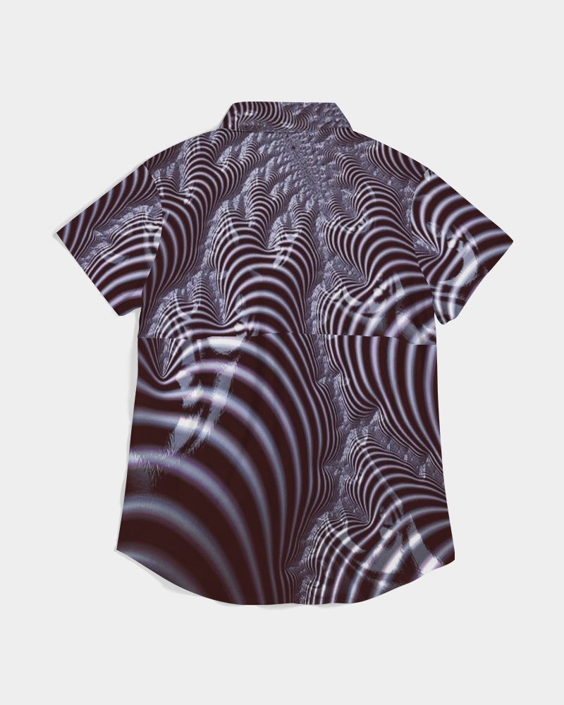 Black and White Spiral Fractal Women's Short Sleeve Button Up
