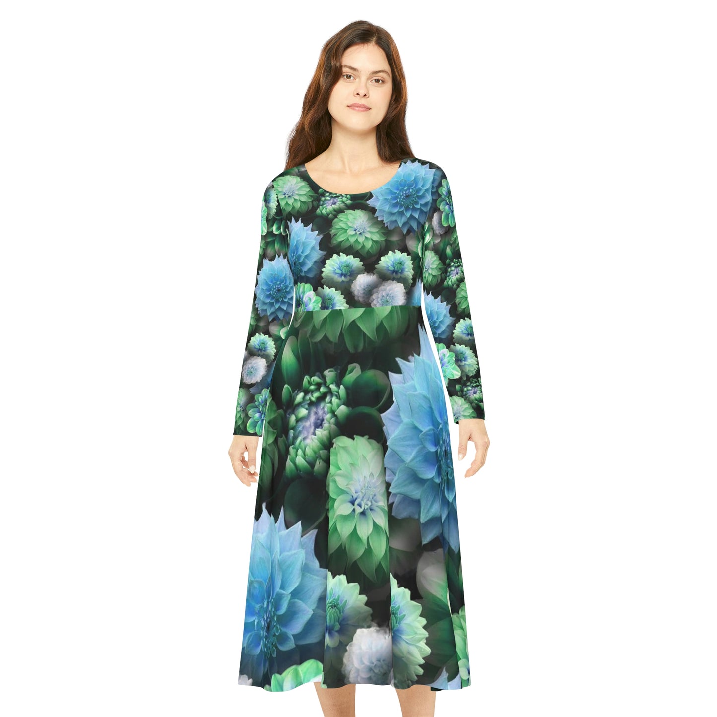Blue Green Dahlias Collage Women's Long Sleeve Dance Dress (AOP)
