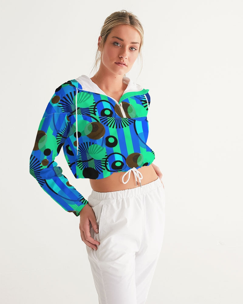 Blue Green Stripes and Dots Women's Cropped Windbreaker