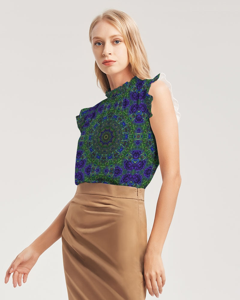 blue Green Ribbon Kaleidoscope Women's Ruffle Sleeve Top