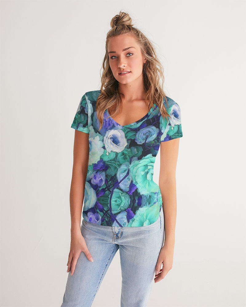 Aqua Flowers Women's V-Neck Tee