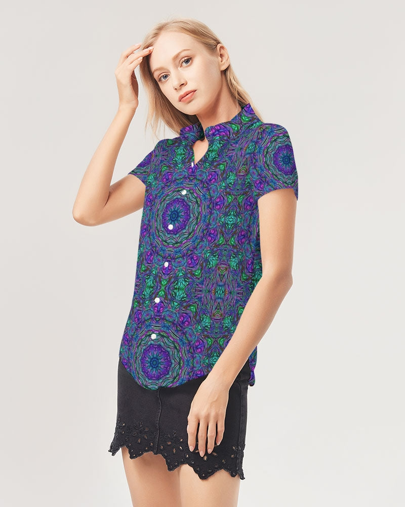 Blue Green Purple Kaleidoscope Women's Short Sleeve Button Up