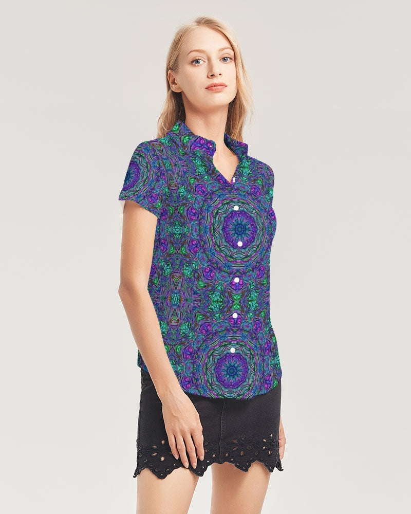 Blue Green Purple Kaleidoscope Women's Short Sleeve Button Up