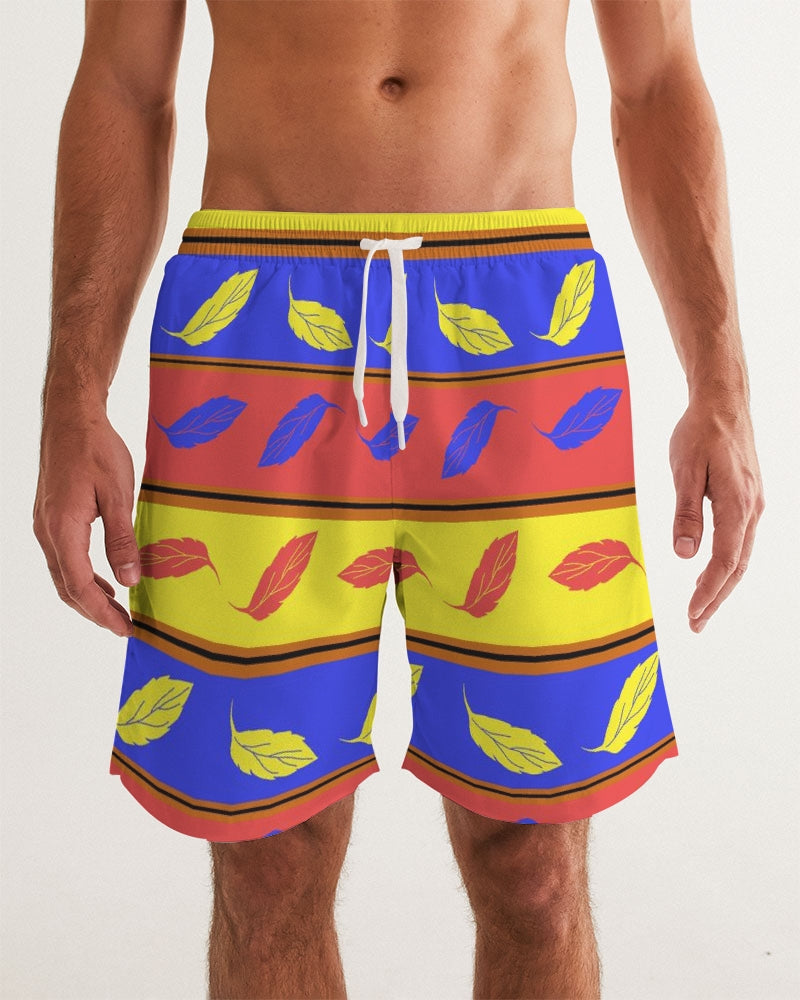 Red Yellow and Blue Leaf Stripes Men's Swim Trunk