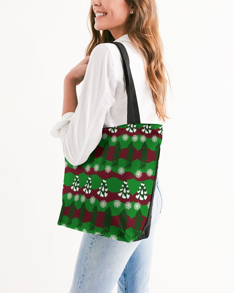 Snowy Evergreen Pattern Canvas Zip Tote