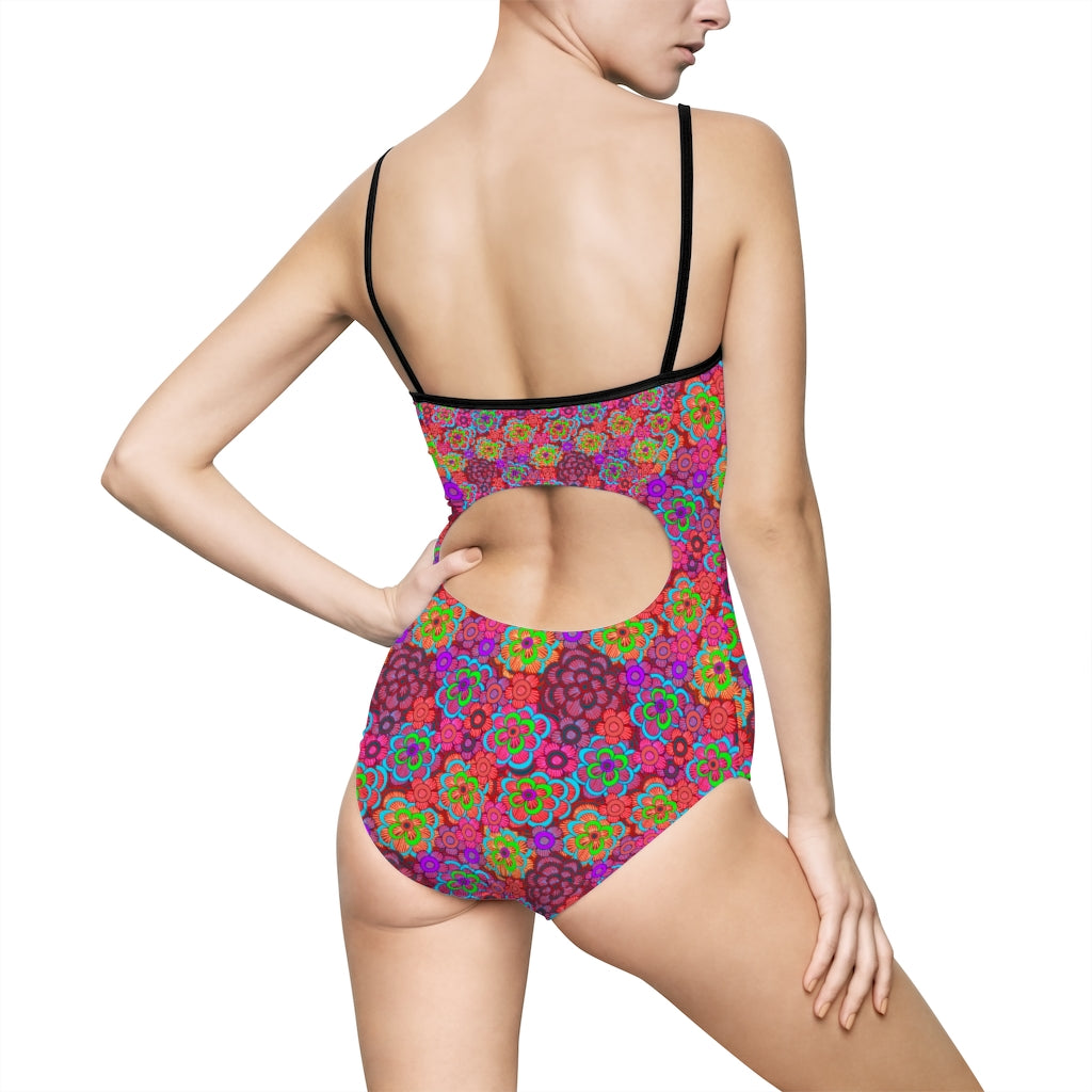 Pink Striped Flower Pattern Women's One-piece Swimsuit
