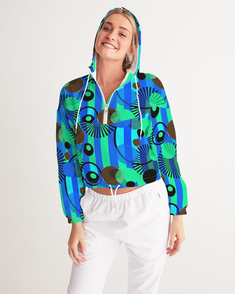Blue Green Stripes and Dots Women's Cropped Windbreaker