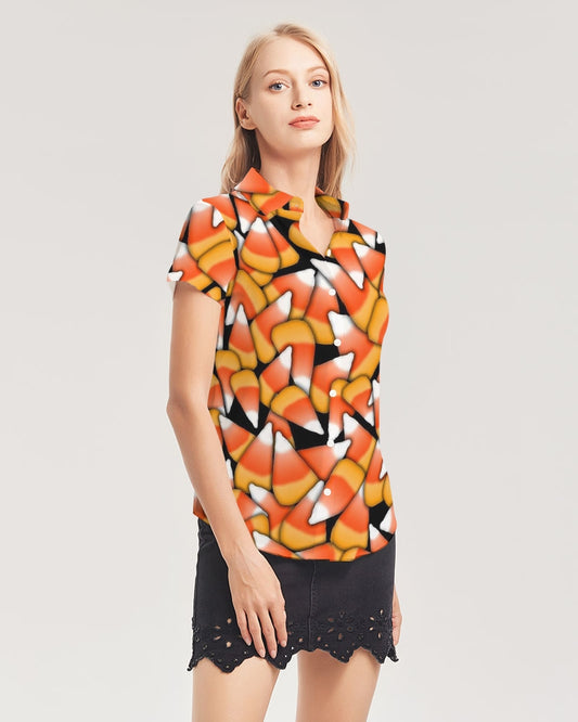 Candy Corn Pattern Women's Short Sleeve Button Up