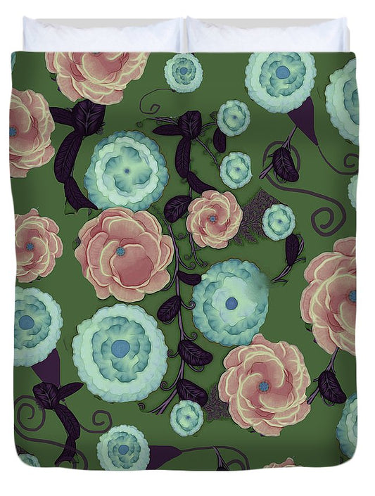 Earthy Peach and Turquoise Flower Pattern - Duvet Cover